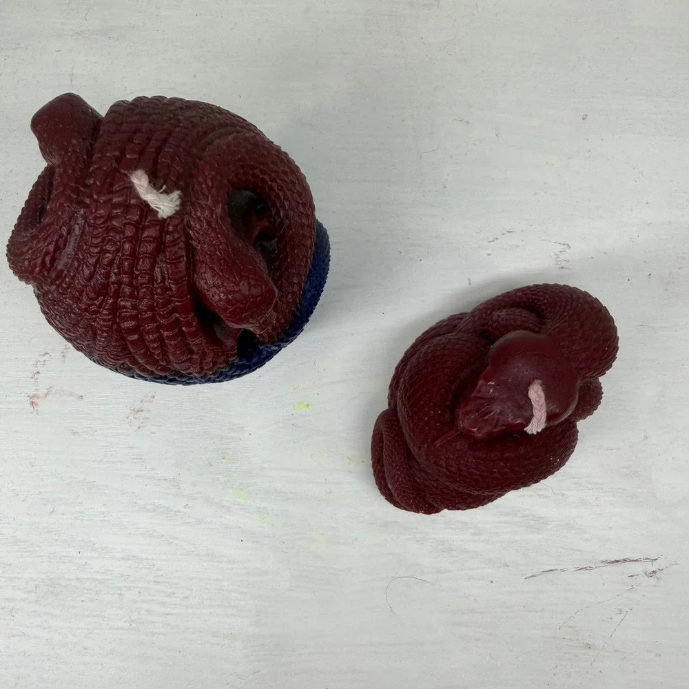 Handcrafted Snake Candle Set of 2 Burgundy Blue Coiled Serpent Gothic Decor Dark